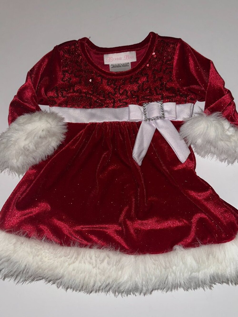 EUC Bonnie Baby sparkly faux fur trim Santa Claus theme dress 3-6months